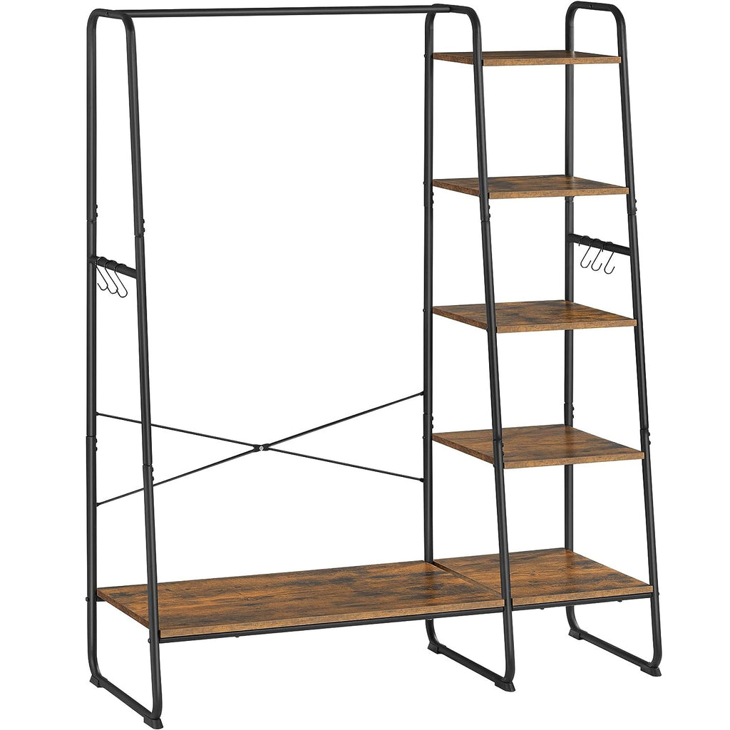 VASAGLE Raft pentru haine cu suport pentru pantofi, 5 polite, 6 carlige laterale, 45x120x160cm, maro rustic si negru