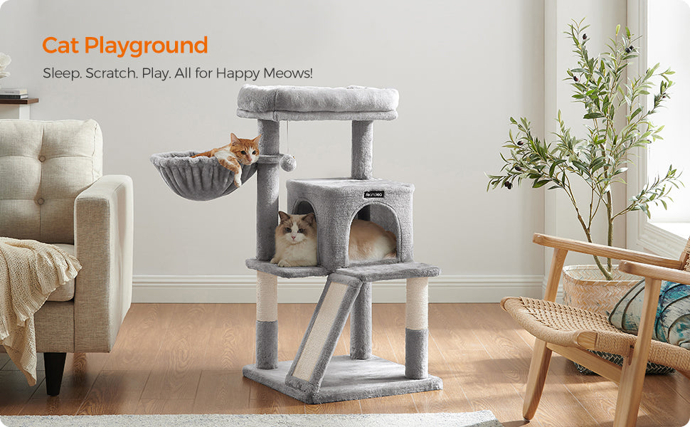 FEANDREA Ansamblu de joaca pentru pisici, tip copac, cu culcus si ascunzatoare, 48x48x96cm, gri deschis