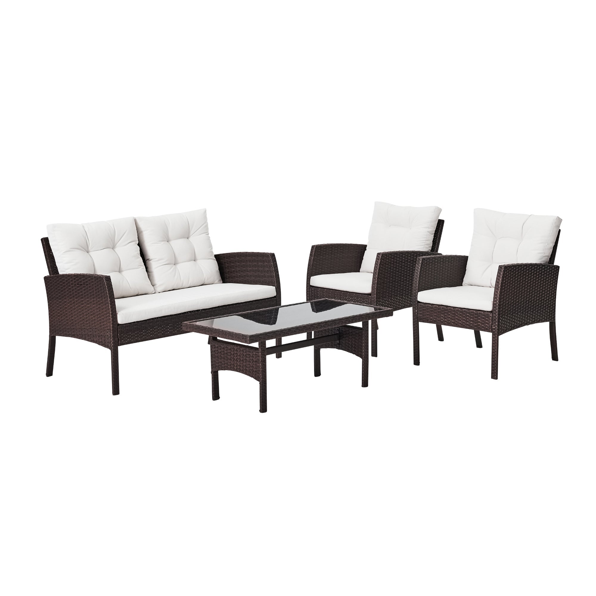 Set mobilier gradina Amos, pentru 4 persoane, otel/ratan sintetic/sticla, maro