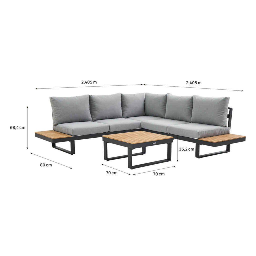 Set mobilier gradina Naterial Persea, pentru 5 persoane, aluminiu/lemn/textil, gri