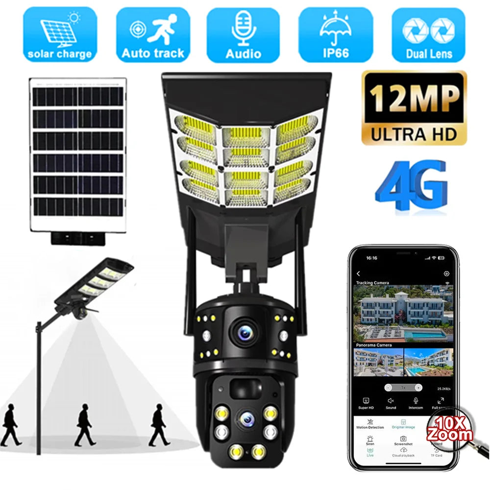 Camera De Supraveghere MaxiBuy.ro® V380 Solara, 4G cu SIM, Zoom Optic X10, Full HD 1080p, Proiector 450W, Exterior/Interior, Baterie 16.000 mAh, Senzor Miscare, Comunicare Bidirectionala, Panou Solar si Alarma Inteligenta – Card de 32 GB Inclus, Negru