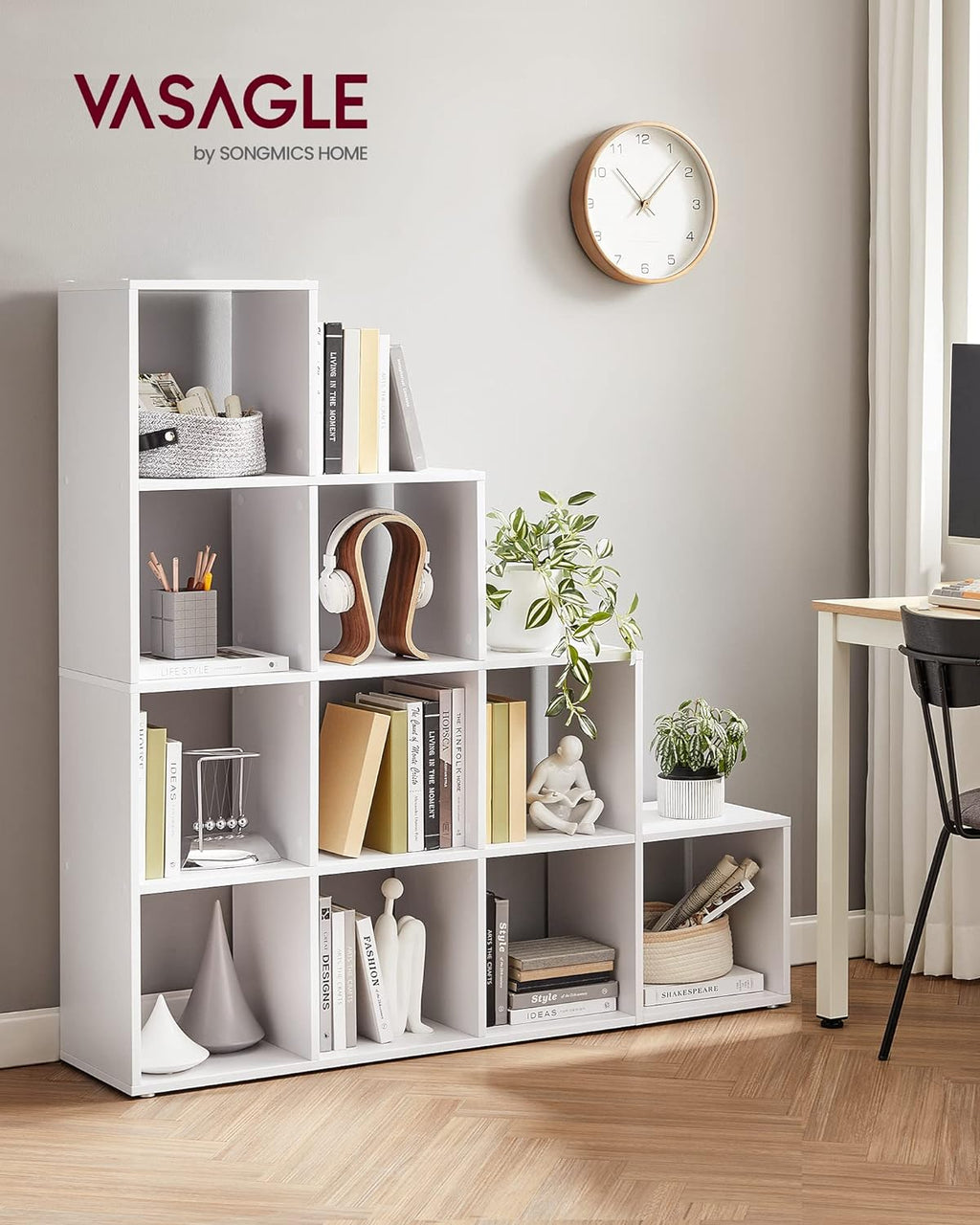 VASAGLE Biblioteca cu 10 compartimente, unitate de depozitare pentru decoratiuni, din lemn, 29x129x129cm, alb