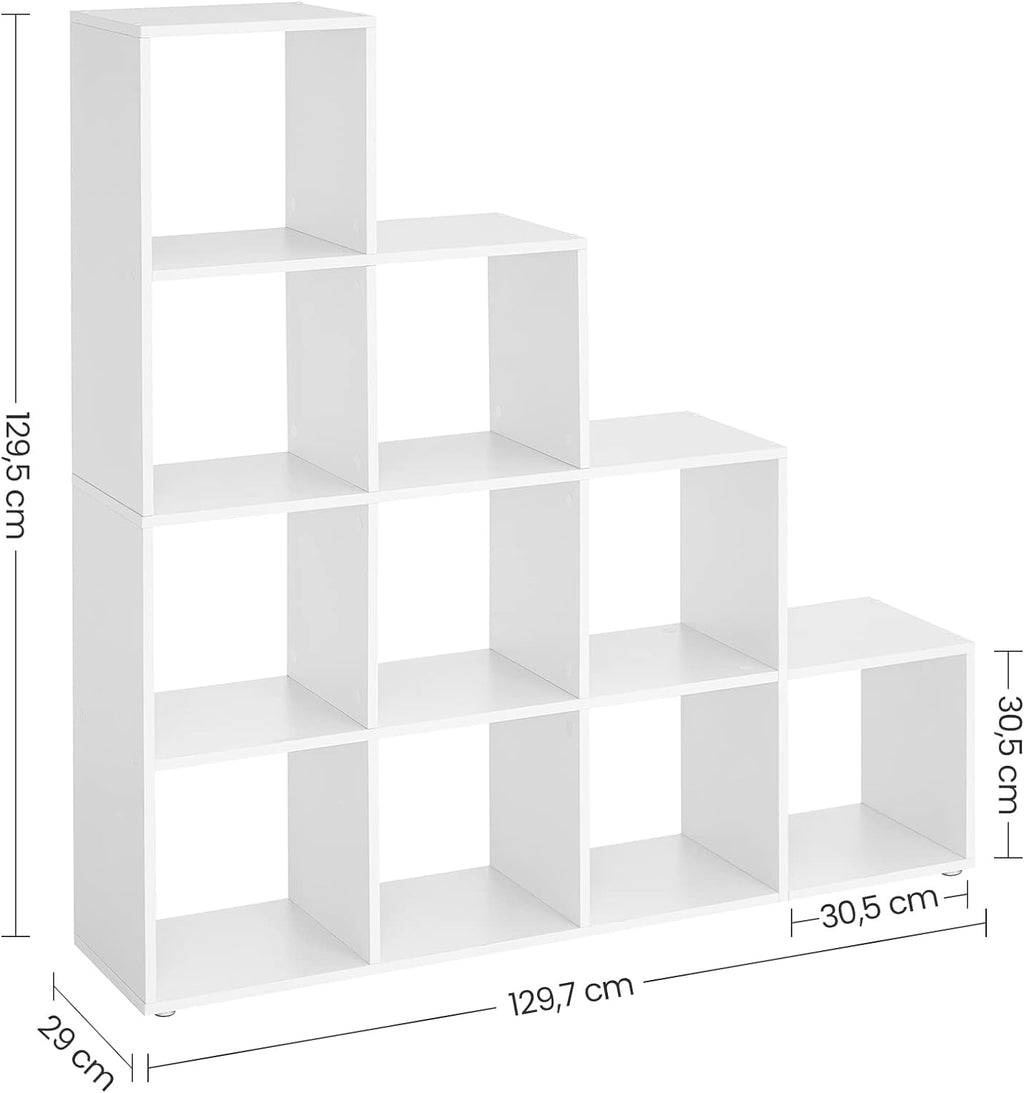 VASAGLE Biblioteca cu 10 compartimente, unitate de depozitare pentru decoratiuni, din lemn, 29x129x129cm, alb