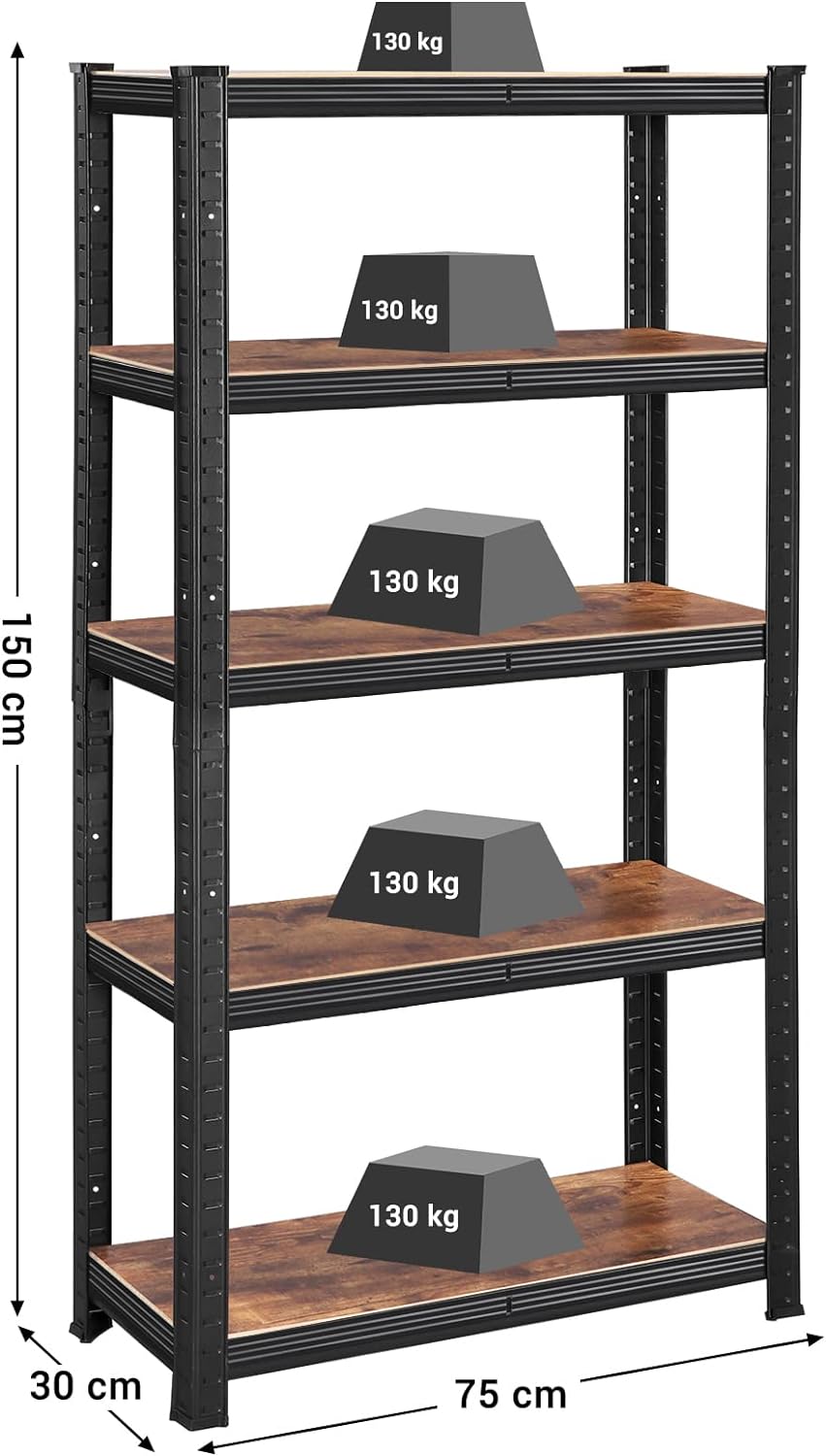 SONGMICS Raft cadru metalic modular pentru depozitare, 5 polite, 150x75x30cm, sarcina 650 kg, maro rustic