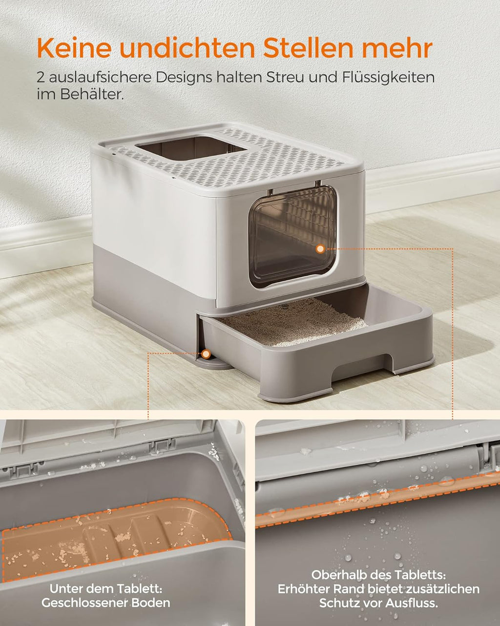 FEANDREA Litiera pentru pisici cu capac, tava extensibila, pentru pisici de pana la 15 kg, 54x43x38cm, gri