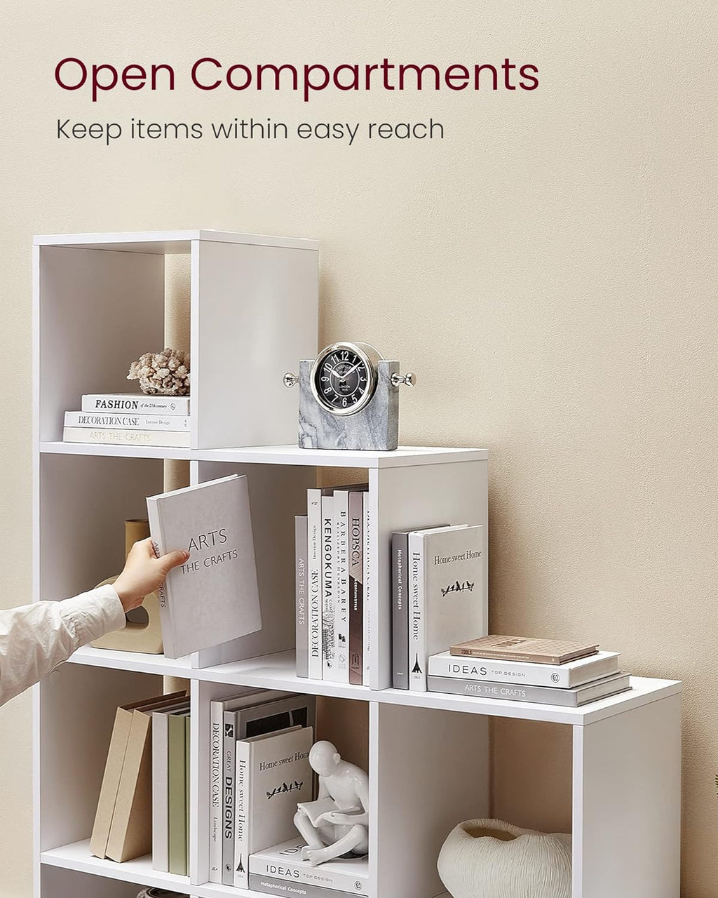 VASAGLE Biblioteca cu 10 compartimente, unitate de depozitare pentru decoratiuni, din lemn, 29x129x129cm, alb