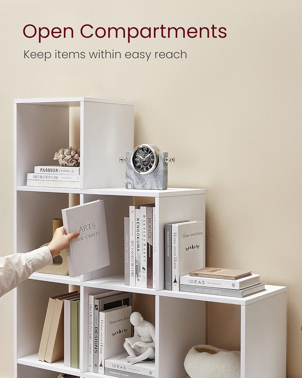 VASAGLE Biblioteca cu 10 compartimente, unitate de depozitare pentru decoratiuni, din lemn, 29x129x129cm, alb