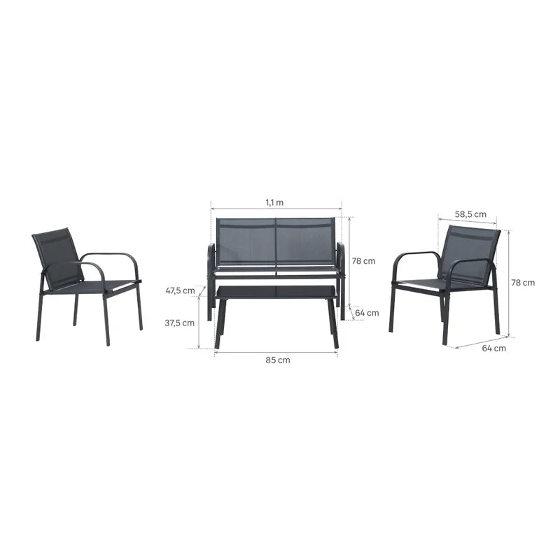 Set mobilier gradina Beo, pentru 4 persoane, otel/textilen/sticla, gri