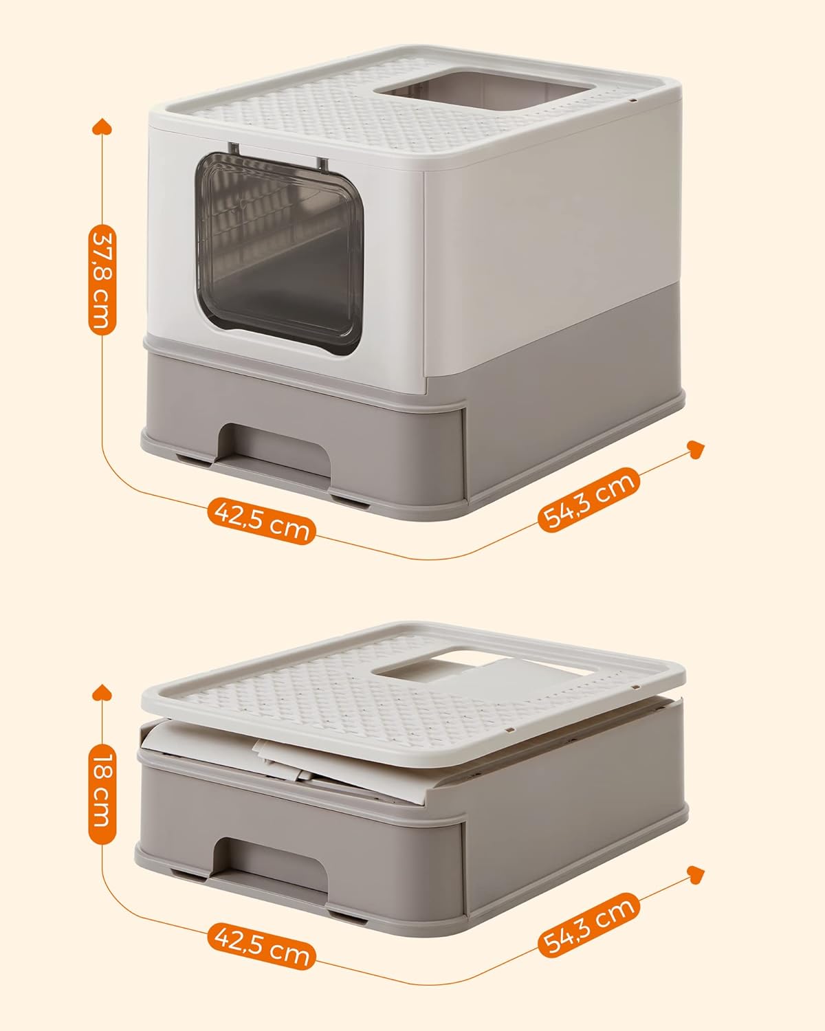 FEANDREA Litiera pentru pisici cu capac, tava extensibila, pentru pisici de pana la 15 kg, 54x43x38cm, gri