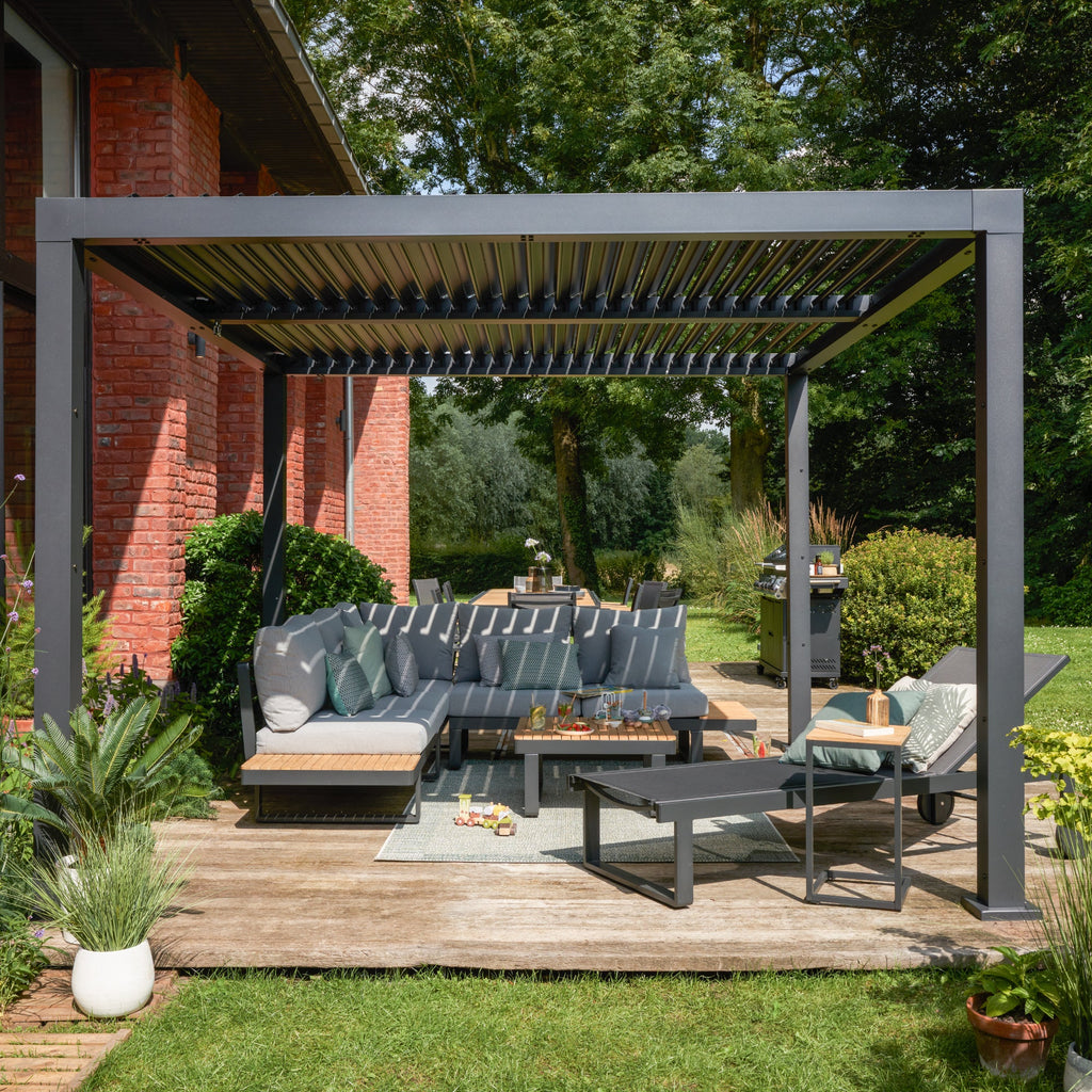 Set mobilier gradina Naterial Persea, pentru 5 persoane, aluminiu/lemn/textil, gri