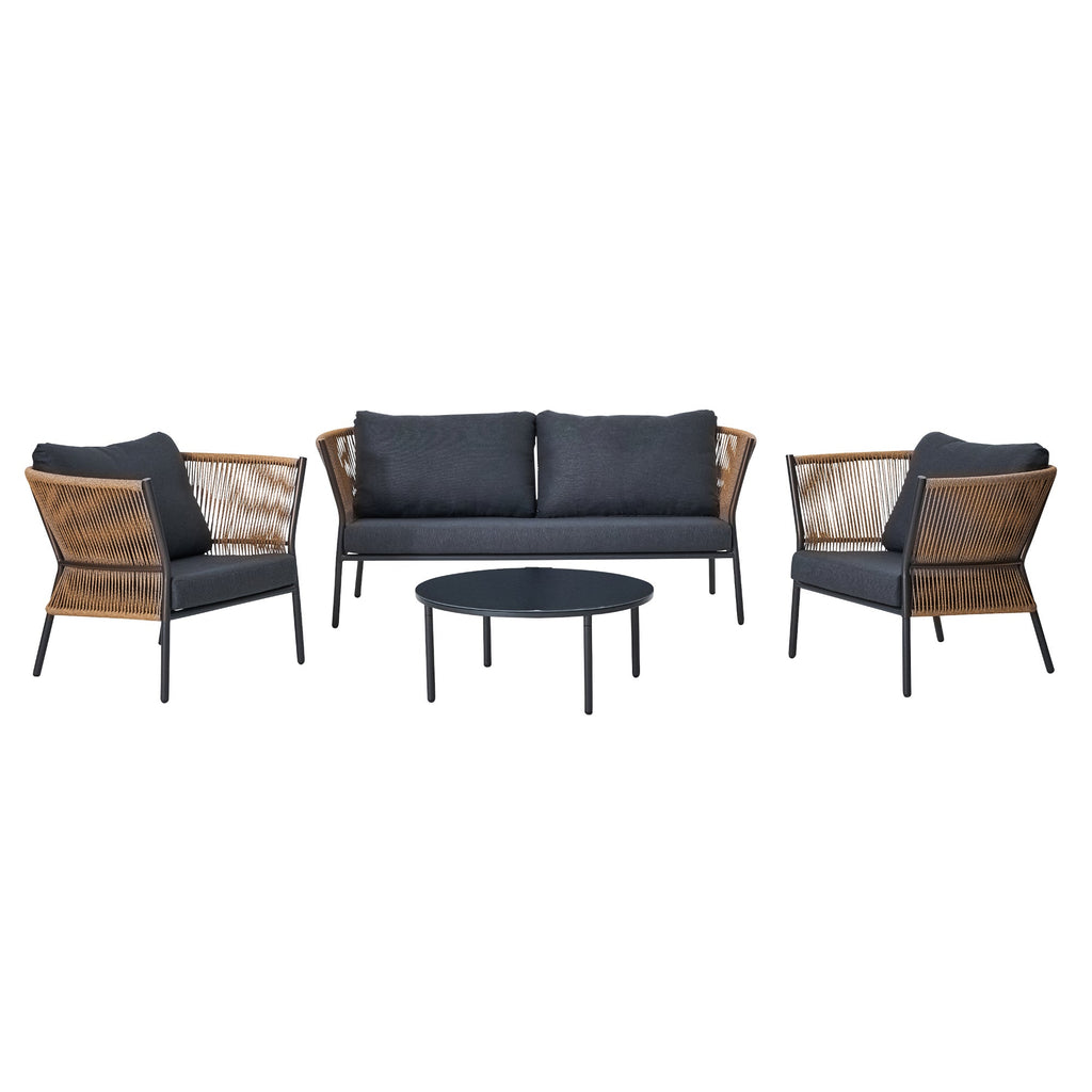 Set mobilier gradina Fuji, pentru 4 persoane, otel/ratan sintetic/sticla, gri