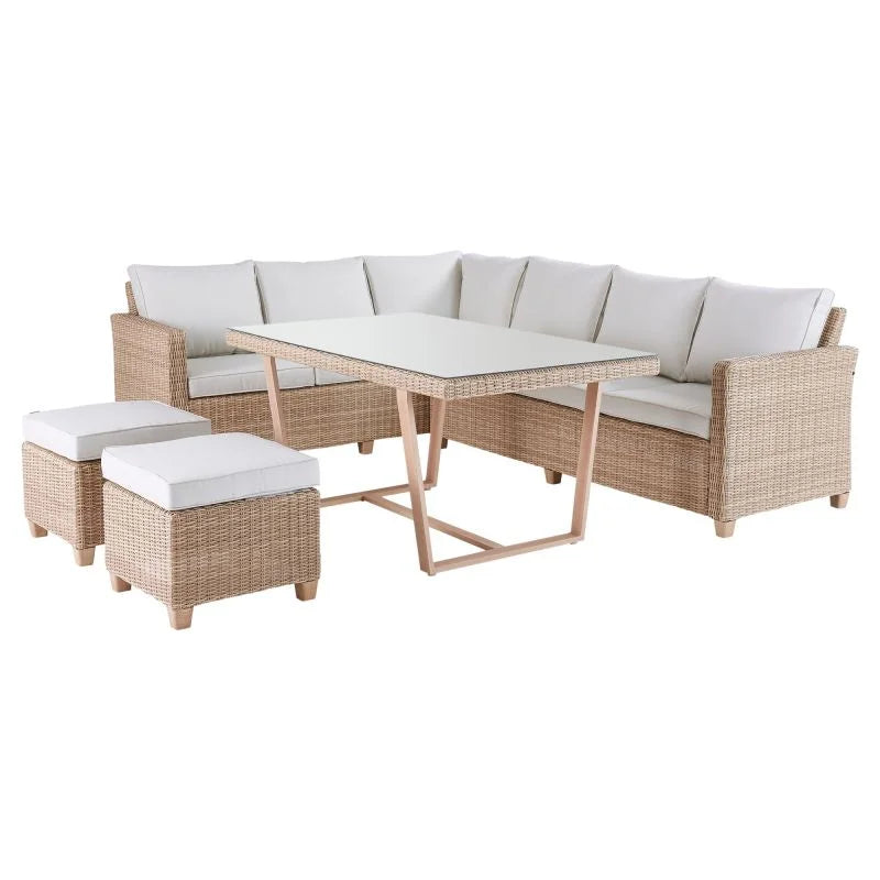 Set mobilier gradina Naterial Medena, cu coltar, pentru 7 persoane, aluminiu/textil, bej