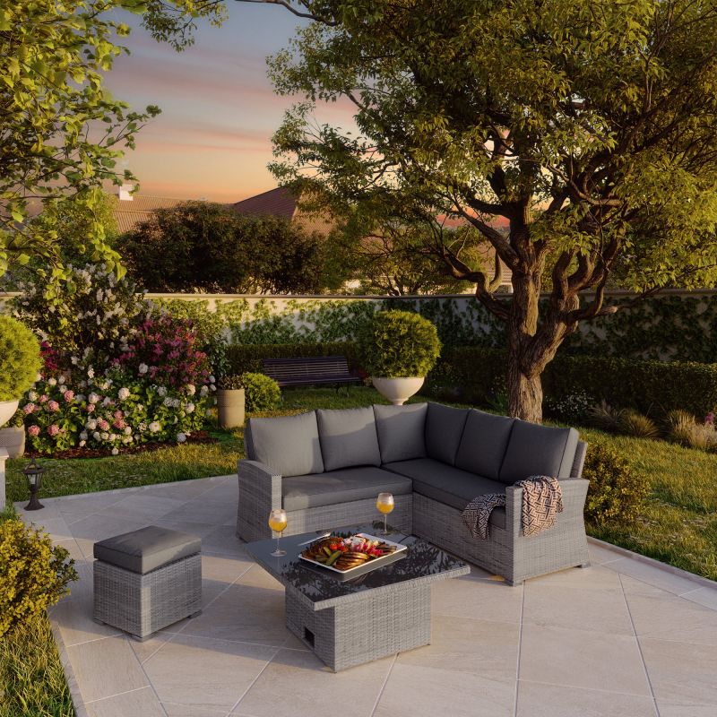 Set mobilier gradina Davos, pentru 6 persoane, plastic/textil, gri