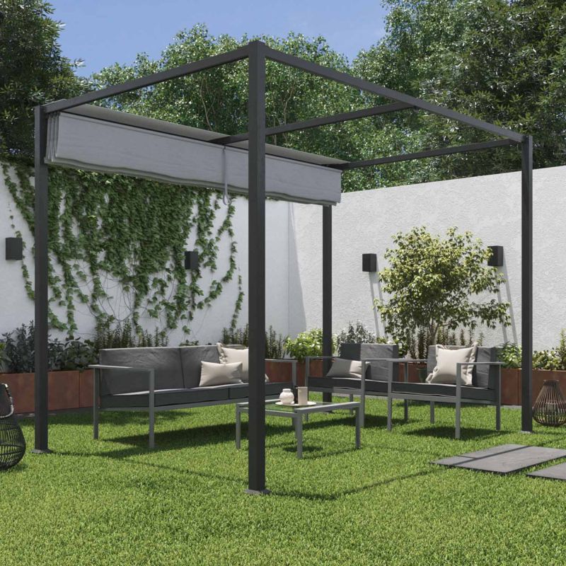 Set mobilier gradina Naterial Trino, otel/textil, pentru 4 persoane, gri