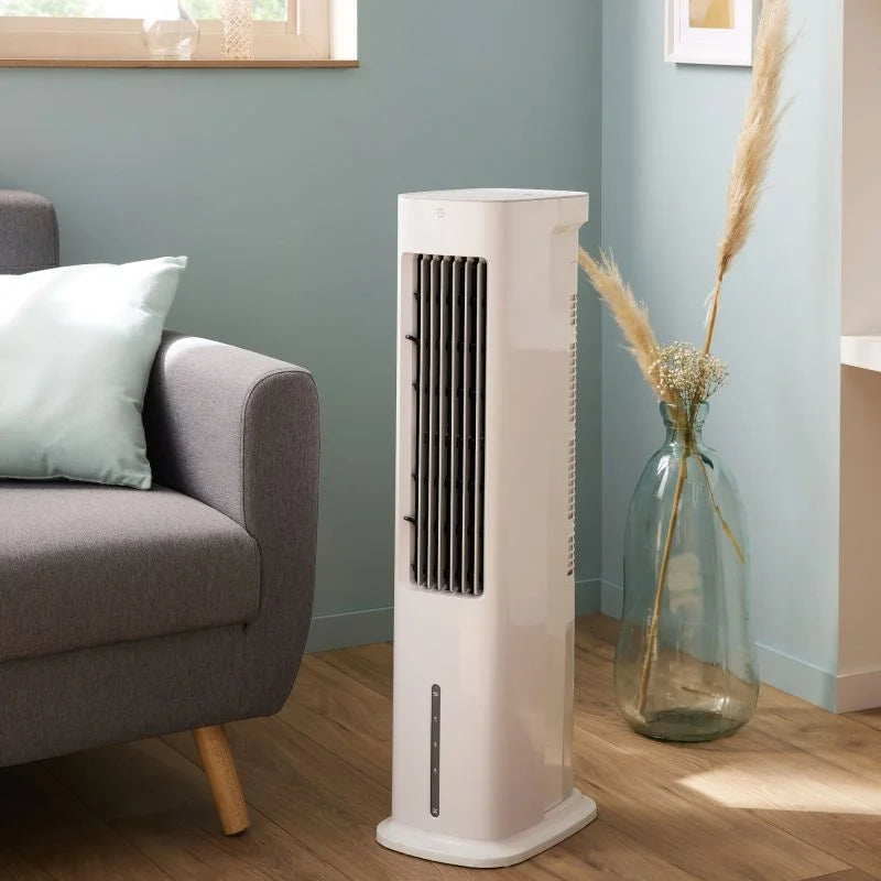 Racitor de aer turn Equation Cube, 55 W, rezervor 5 L, H 85 cm, 3 viteze, alb