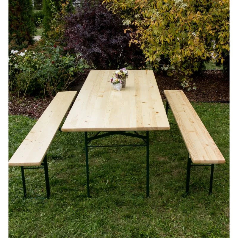 Set mobilier pentru bere, 10 persoane, pliabil, otel/lemn, lemn natur