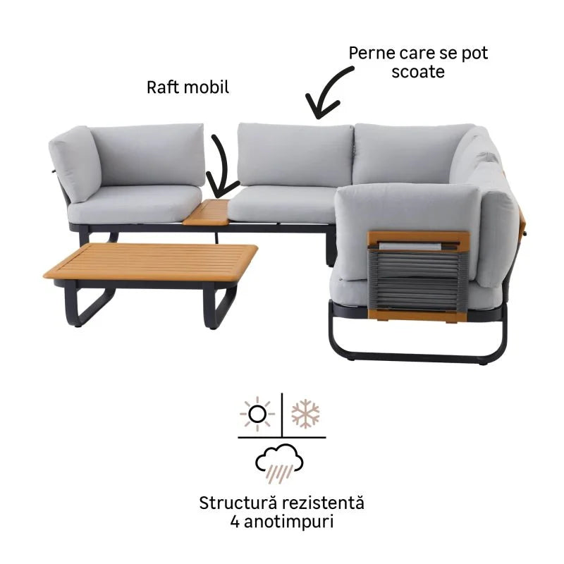 Set mobilier gradina Naterial Calypso, pentru 5 persoane, modular, aluminiu, gri