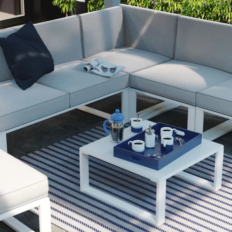 Set mobilier gradina Naterial Odyssea, cu coltar, pentru 6 persoane, aluminiu, alb