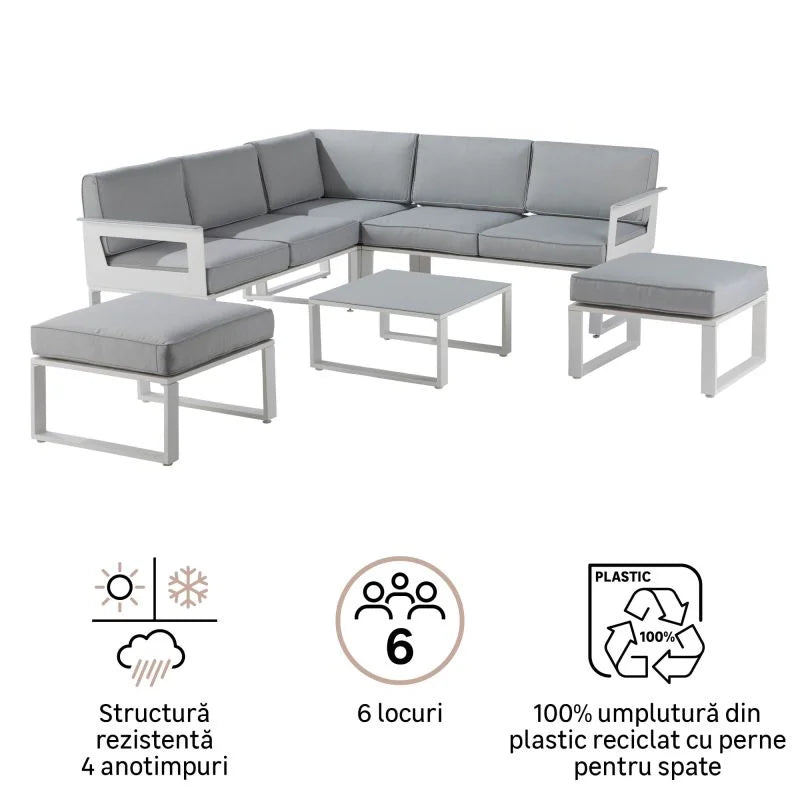 Set mobilier gradina Naterial Odyssea, cu coltar, pentru 6 persoane, aluminiu, alb