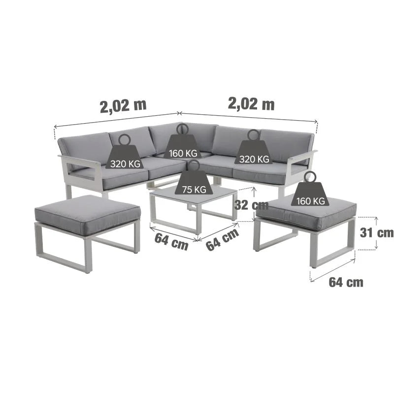 Set mobilier gradina Naterial Odyssea, cu coltar, pentru 6 persoane, aluminiu, alb