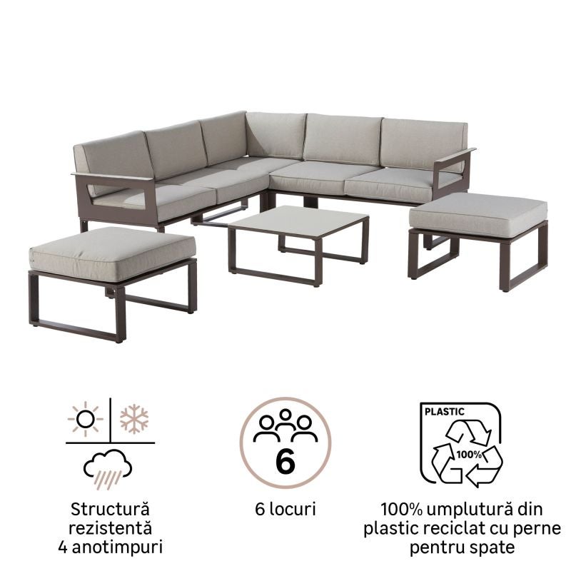 Set mobilier gradina Naterial Odyssea, cu coltar, pentru 6 persoane, aluminiu, maro