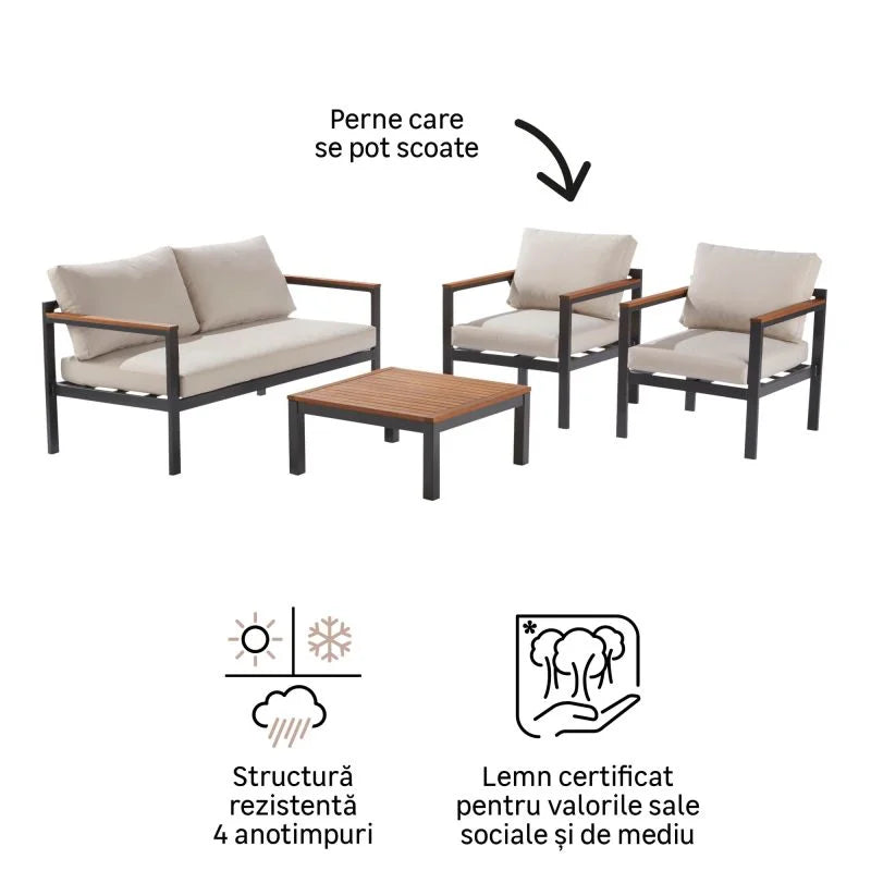 Set mobilier gradina Naterial Oris, pentru 4 persoane, aluminiu, gri/bej