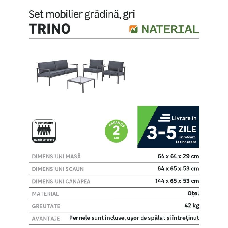 Set mobilier gradina Naterial Trino, otel/textil, pentru 4 persoane, gri