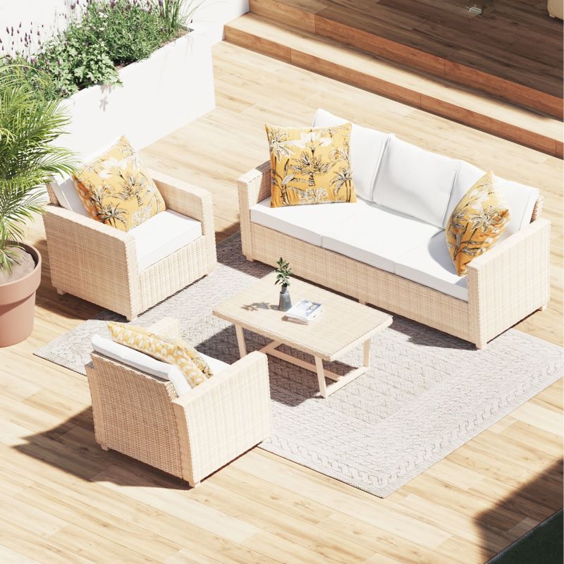 Set mobilier gradina Naterial Medena, pentru 5 persoane, aluminiu/ratan sintetic, bej