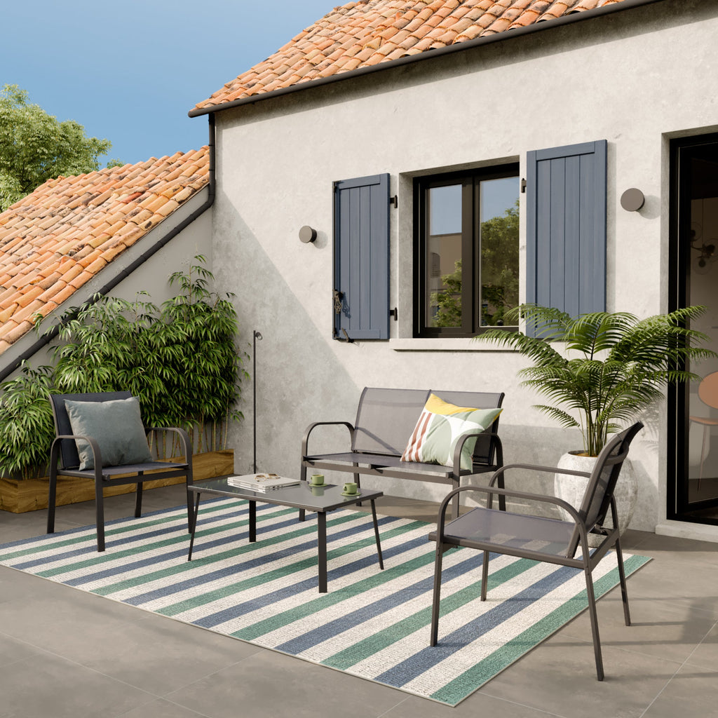 Set mobilier gradina, pentru 4 persoane, otel/textilen/sticla, gri / negru