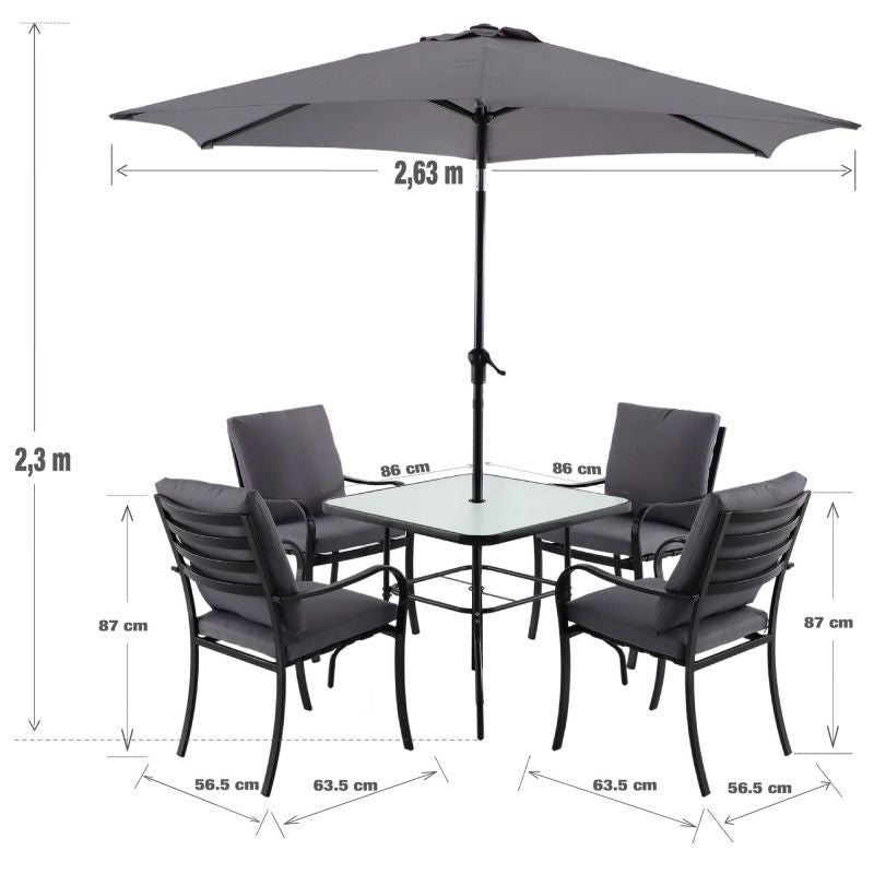 Set mobilier gradina Naterial Rono, pentru 4 persoane, otel/poliester, gri