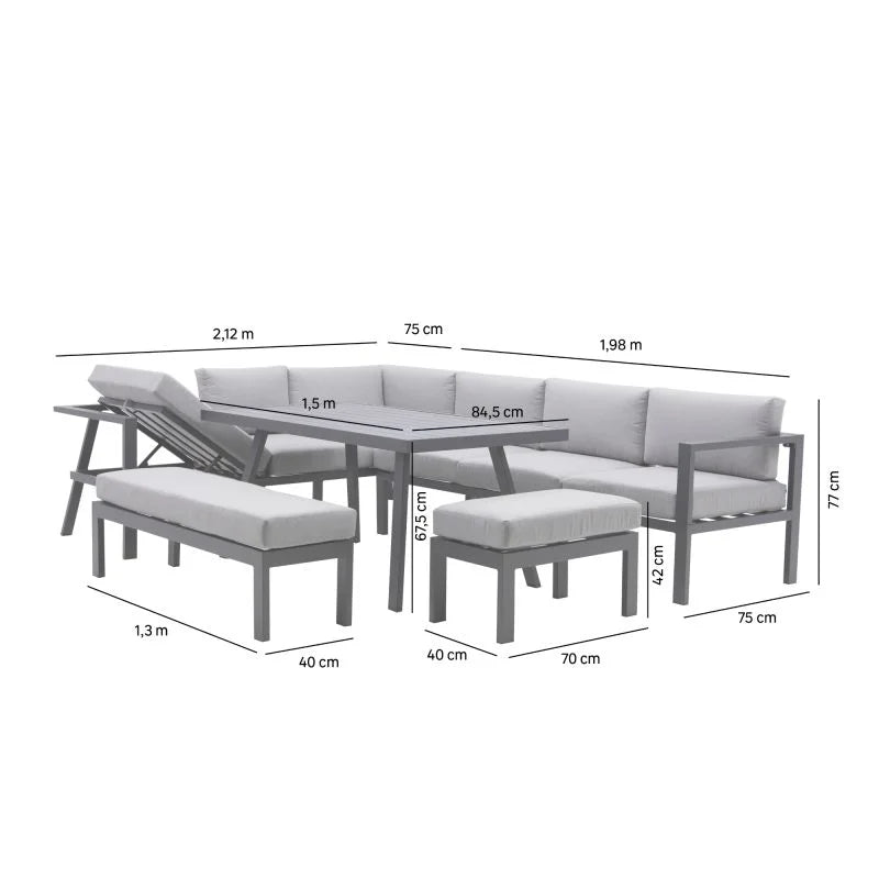Set mobilier gradina Naterial Naxos, pentru 10 persoane, aluminiu/poliester, gri