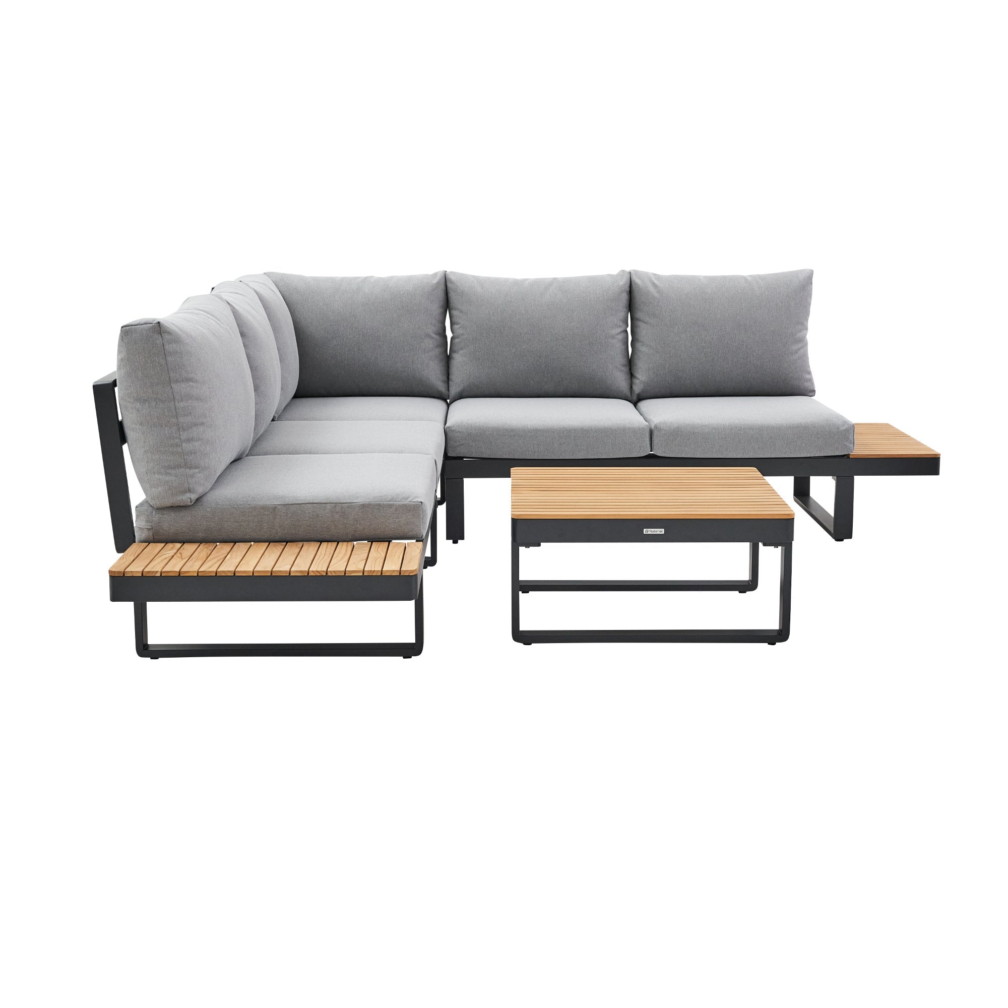 Set mobilier gradina Naterial Persea, pentru 5 persoane, aluminiu/lemn/textil, gri