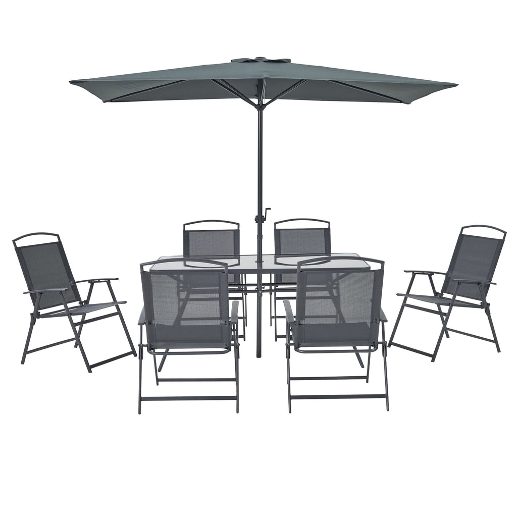 Set masa si scaune Doma, pentru 6 persoane, cu umbrela, otel/textilen/sticla, gri