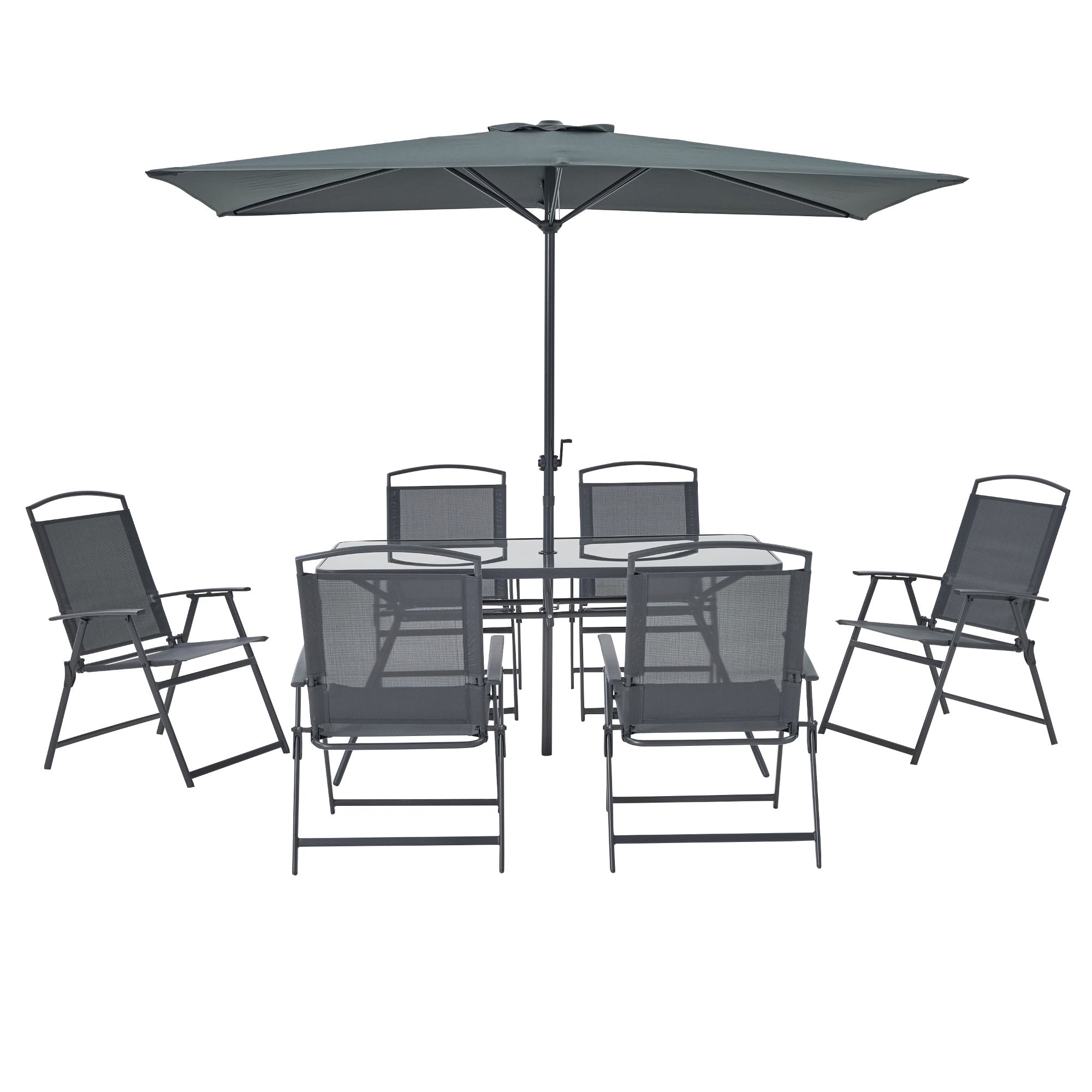 Set masa si scaune Doma, pentru 6 persoane, cu umbrela, otel/textilen/sticla, gri