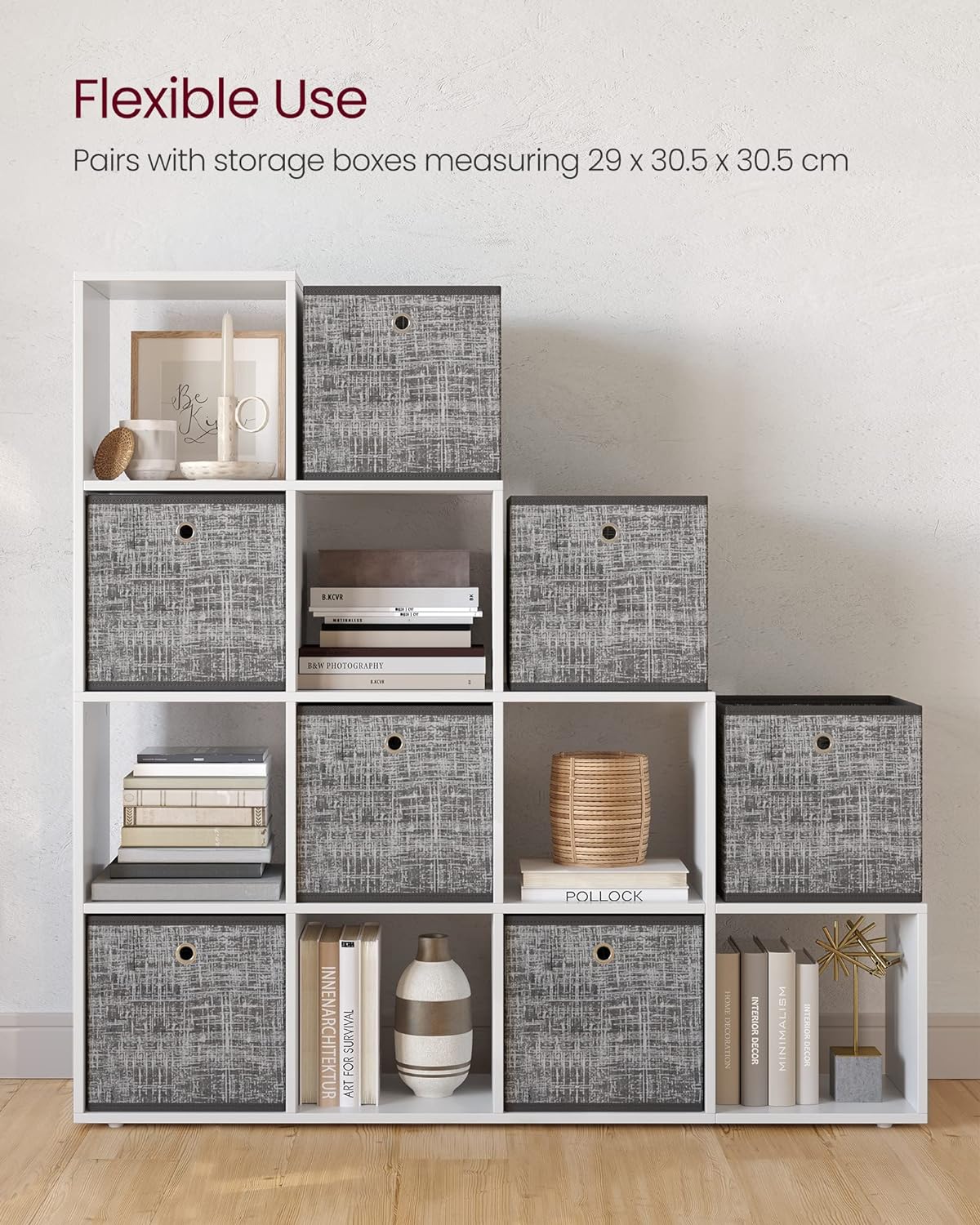VASAGLE Biblioteca cu 10 compartimente, unitate de depozitare pentru decoratiuni, din lemn, 29x129x129cm, alb