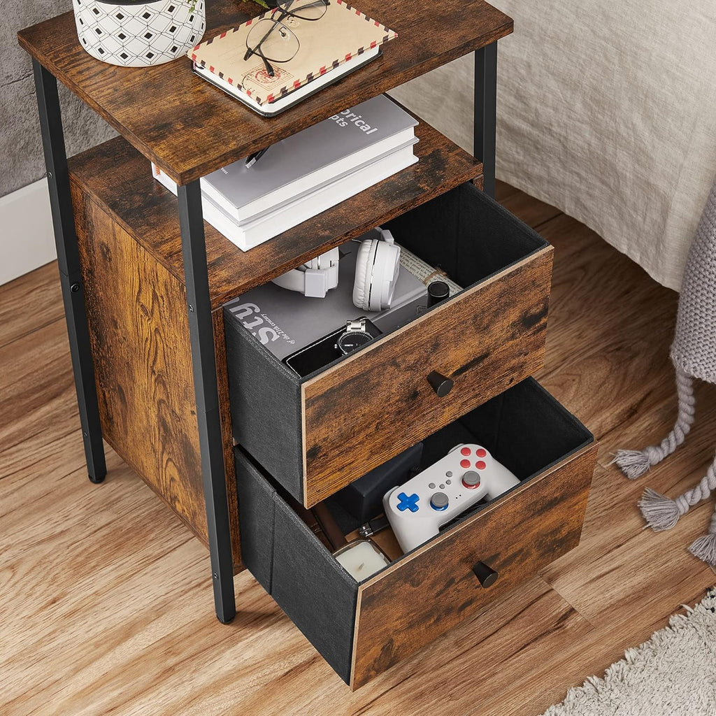 VASAGLE Noptiera cu 2 sertare pentru dormitor, design industrial, 28x38x60cm, maro si negru
