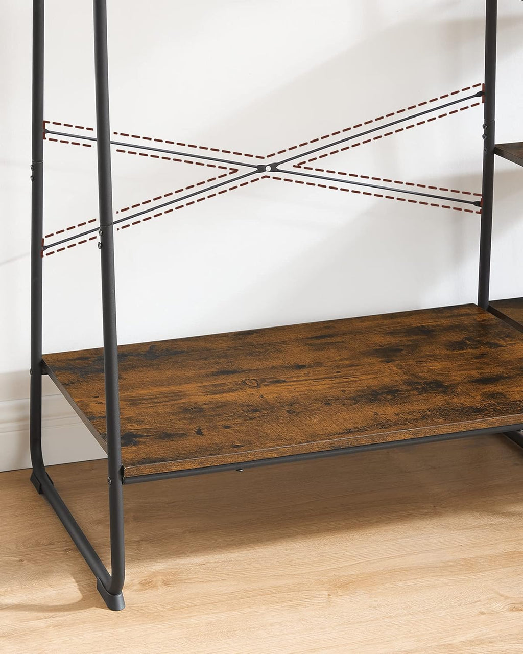 VASAGLE Raft pentru haine cu suport pentru pantofi, 5 polite, 6 carlige laterale, 45x120x160cm, maro rustic si negru