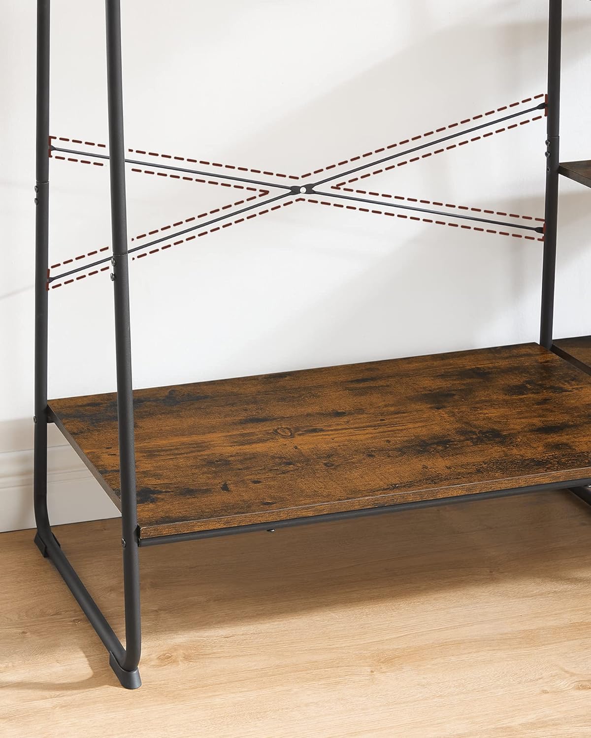 VASAGLE Raft pentru haine cu suport pentru pantofi, 5 polite, 6 carlige laterale, 45x120x160cm, maro rustic si negru