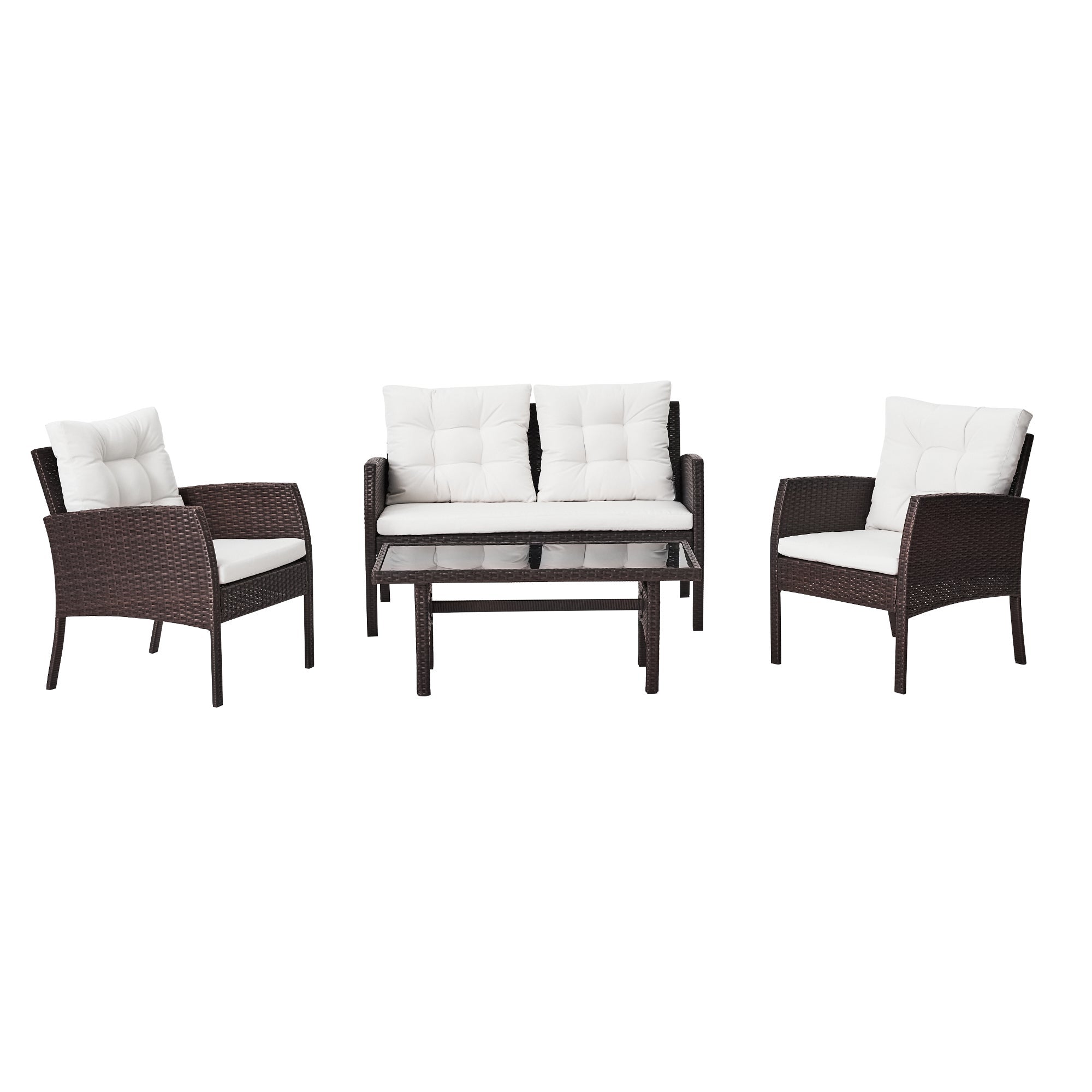 Set mobilier gradina Amos, pentru 4 persoane, otel/ratan sintetic/sticla, maro