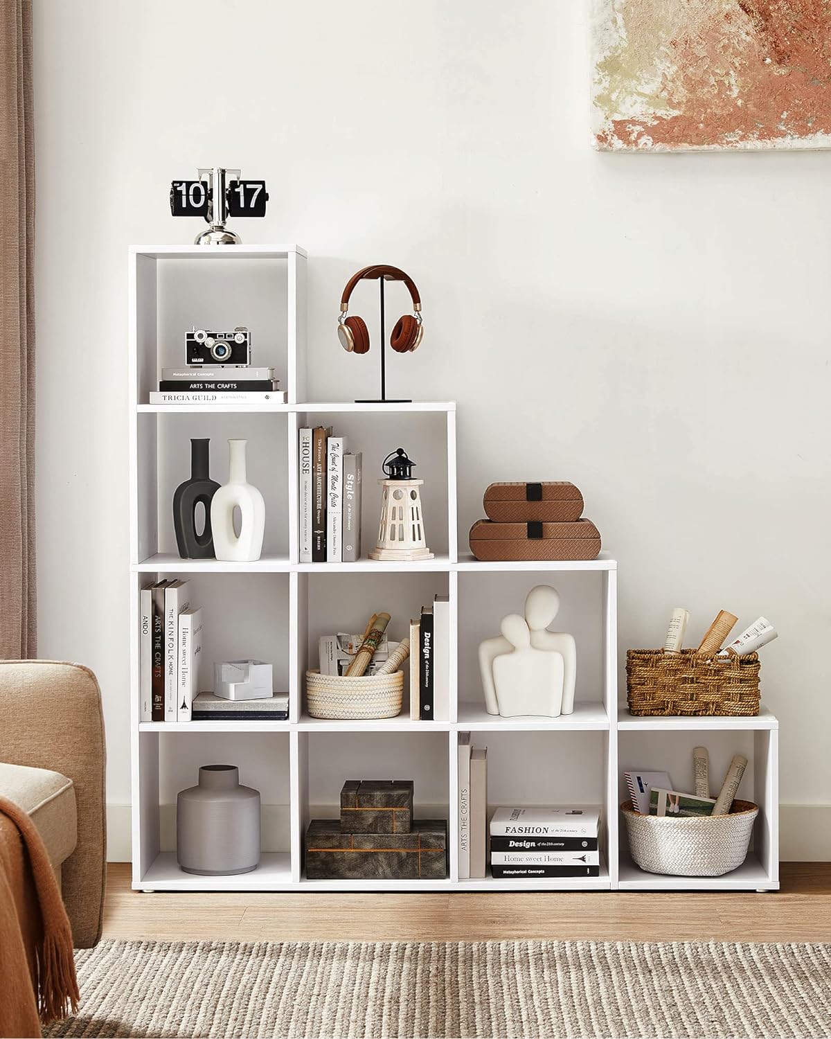 VASAGLE Biblioteca cu 10 compartimente, unitate de depozitare pentru decoratiuni, din lemn, 29x129x129cm, alb