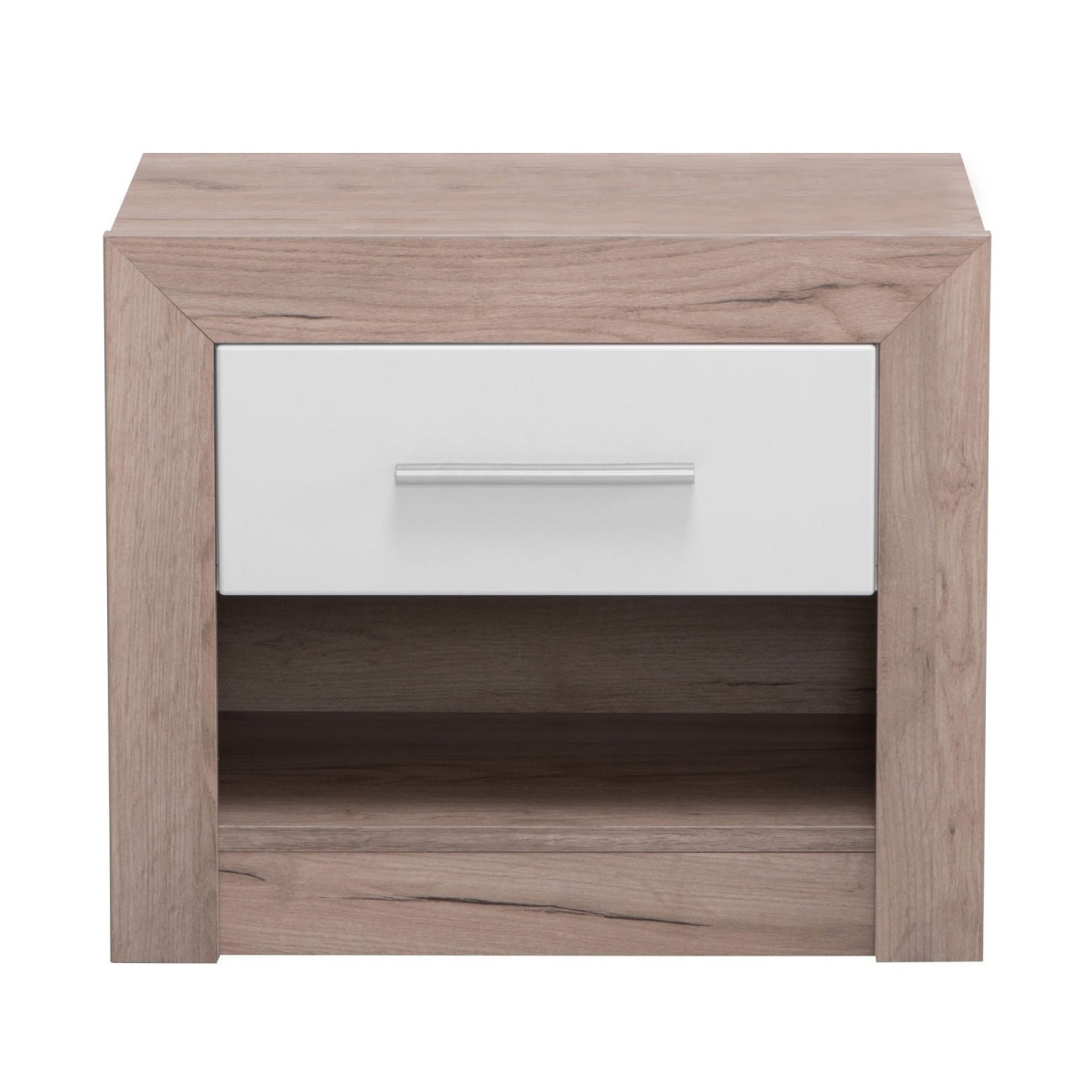 Noptiera Astor NO1F, cu raft + sertar, stejar gri + folie lucioasa alba, 53 x 35 x 46 cm, 1C