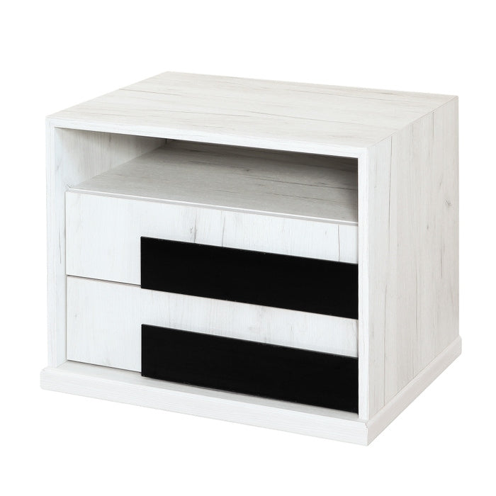 Noptiera Opera P2, cu 2 sertare + raft, alb craft + negru lucios, 61 x 48 x 48 cm, 2C