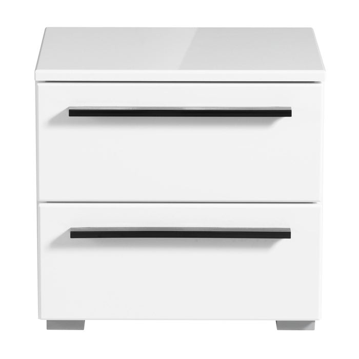 Noptiera Ksanti NO2F, cu 2 sertare, alb mat + folie lucioasa alba, 44.5 x 33.5 x 42.5 cm, 1C