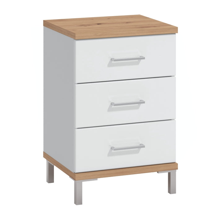 Noptiera Mondego NO3F, cu 3 sertare, stejar artisan + alb mat + folie lucioasa alba, 45 x 40 x 69 cm, 1C