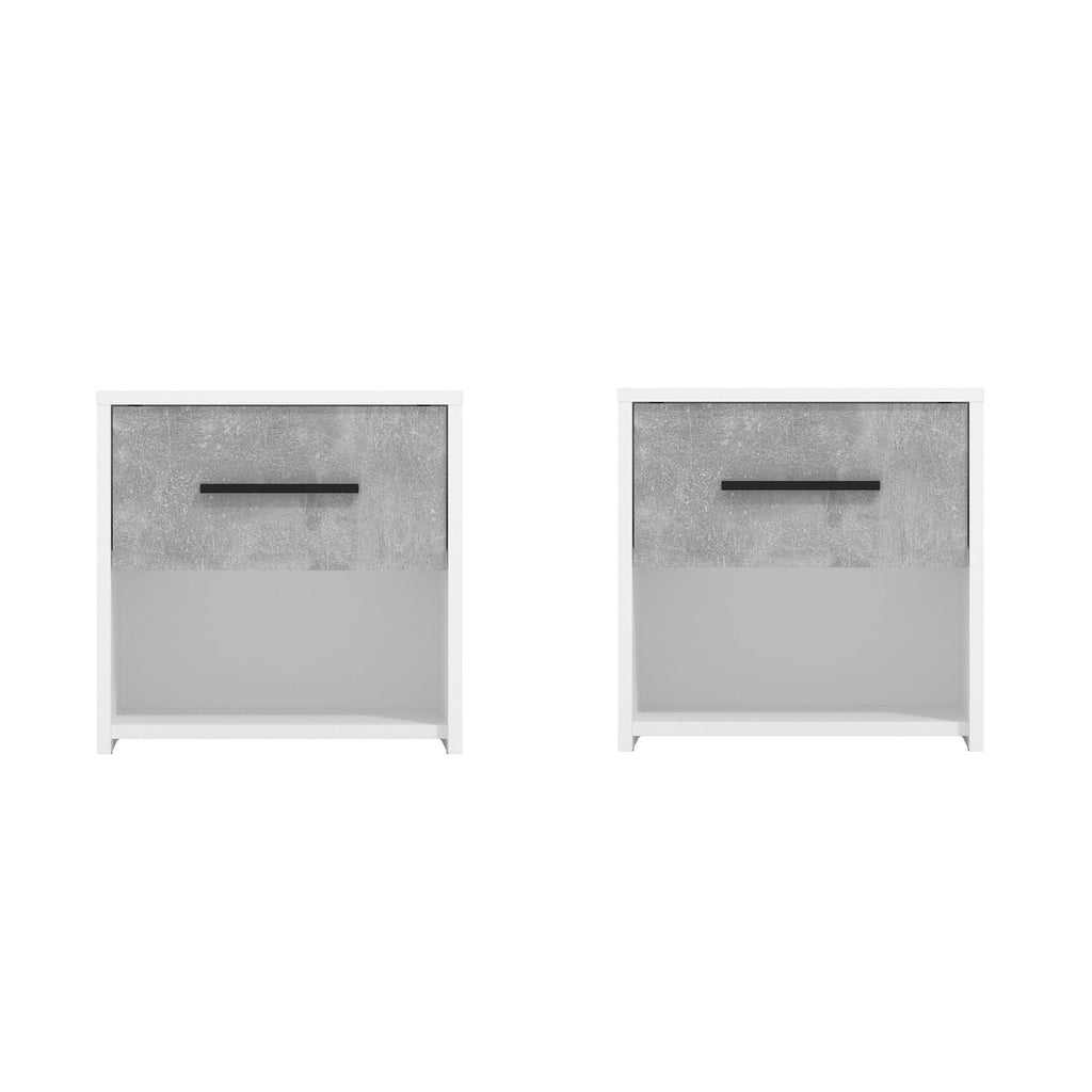 Noptiera Varadero 2NO1F, set 2 bucati, cu raft + sertar, alb + gri beton, 42 x 33.2 x 42.1 cm, 1C