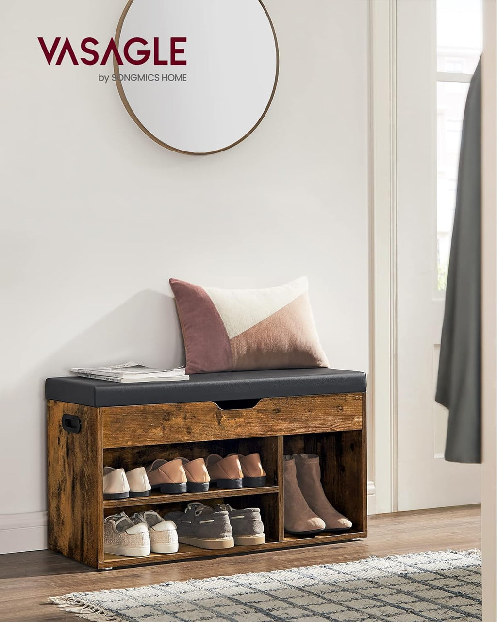 VASAGLE Pantofar cu banca, capitonata, 3 compartimente, sarcina 150 kg, 30x80x44cm, vintage, maro inchis