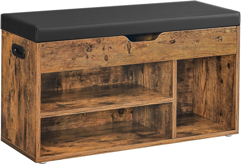 VASAGLE Pantofar cu banca, capitonata, 3 compartimente, sarcina 150 kg, 30x80x44cm, vintage, maro inchis