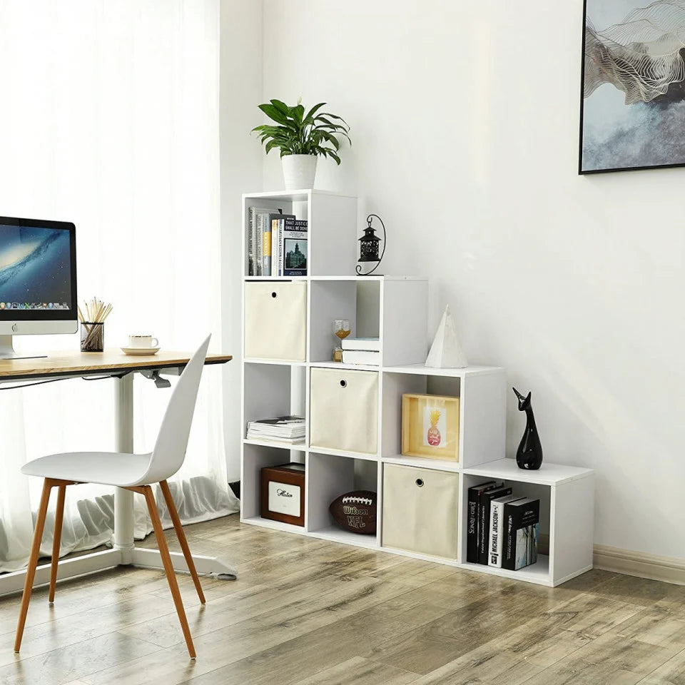 VASAGLE Biblioteca cu 10 compartimente, unitate de depozitare pentru decoratiuni, din lemn, 29x129x129cm, alb