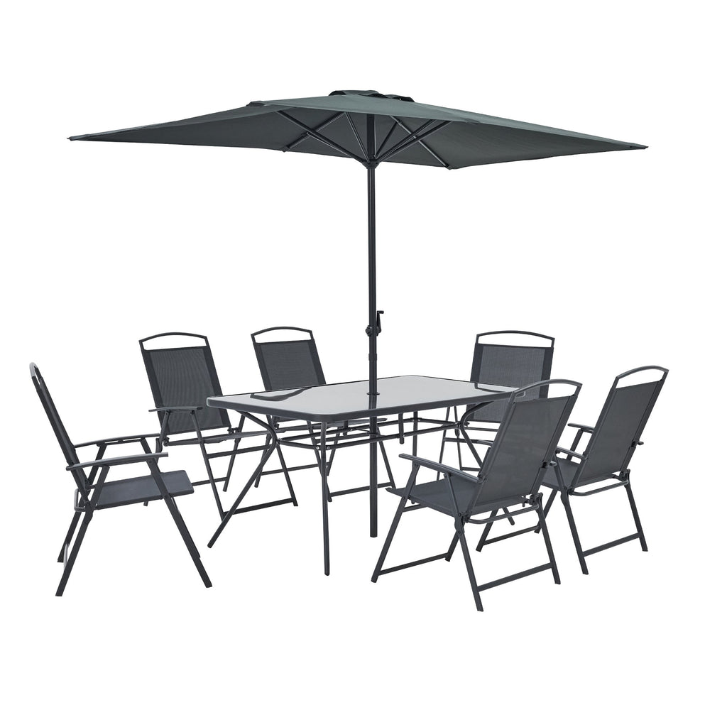 Set masa si scaune Doma, pentru 6 persoane, cu umbrela, otel/textilen/sticla, gri