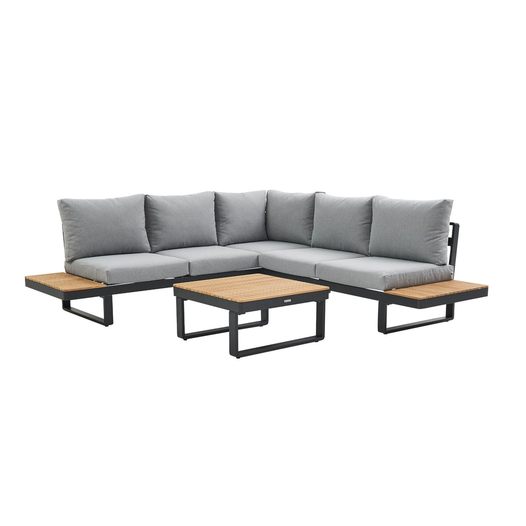 Set mobilier gradina Naterial Persea, pentru 5 persoane, aluminiu/lemn/textil, gri